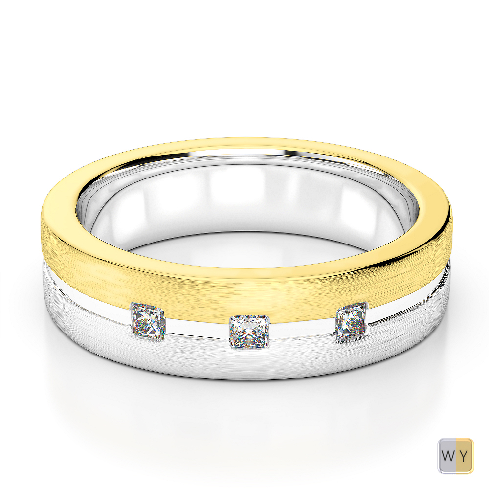 6MM Princess Cut Diamond Mens Band in White and Yellow Gold ATZR-0125
