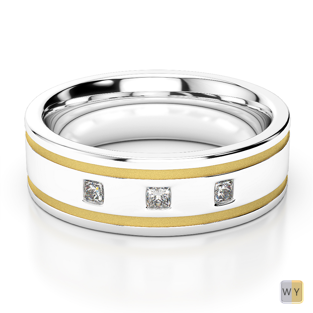 Two Tone Princess Cut Mens Diamond Wedding Ring in Gold ATZR-0128