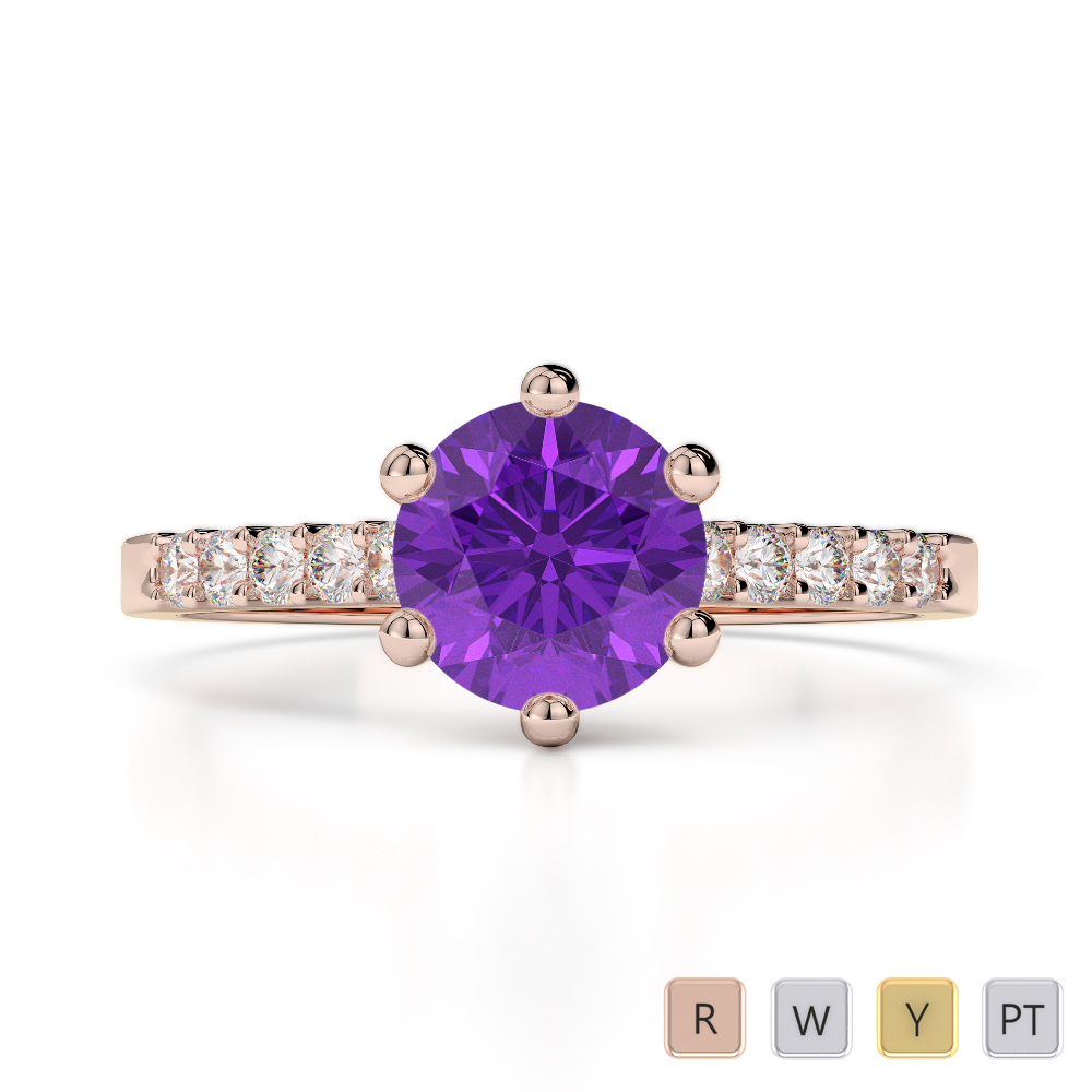 Round Cut Engagement Ring With Diamond & Amethyst in Gold / Platinum ATZR-0206