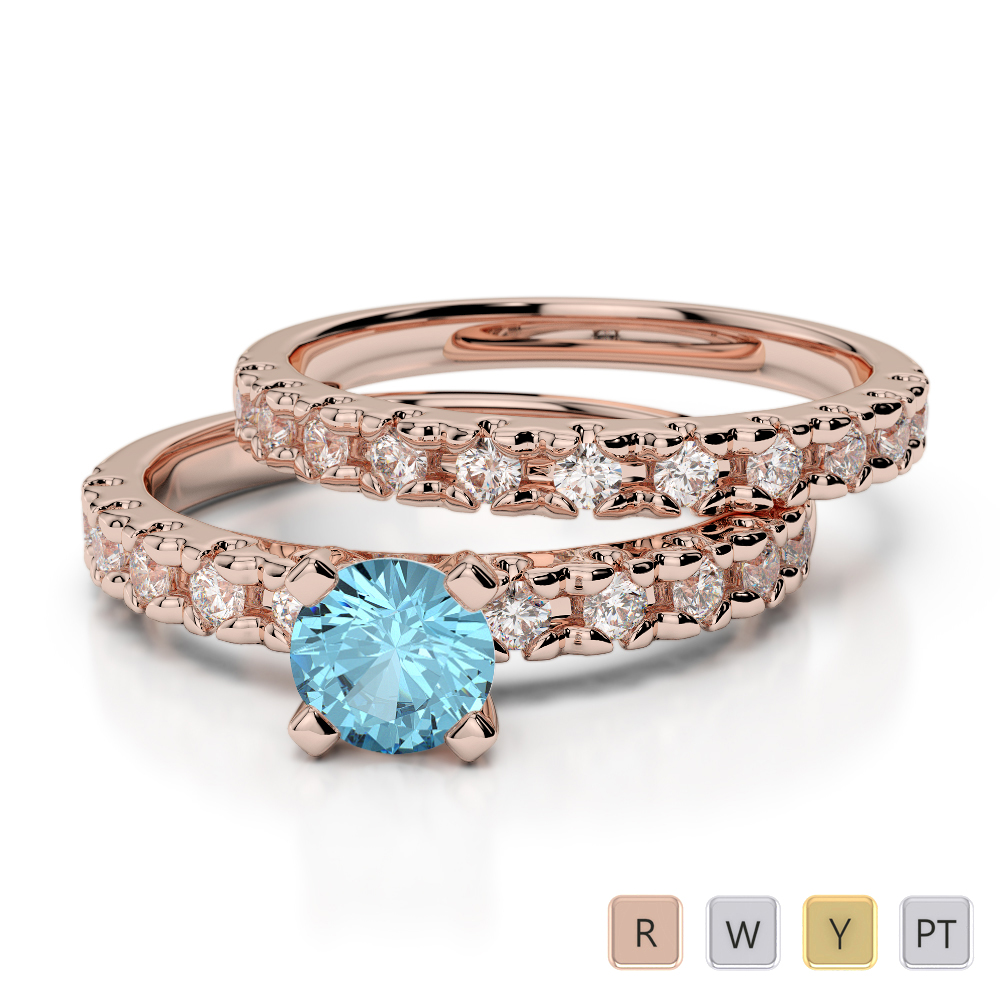 Round Cut Bridal Set Ring With Diamond and Aquamarine in Gold / Platinum ATZR-0299