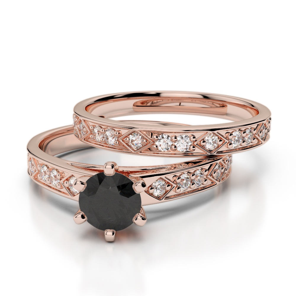 Round Cut Black Diamond Bridal Set Ring in Gold / Platinum ATZR-0306