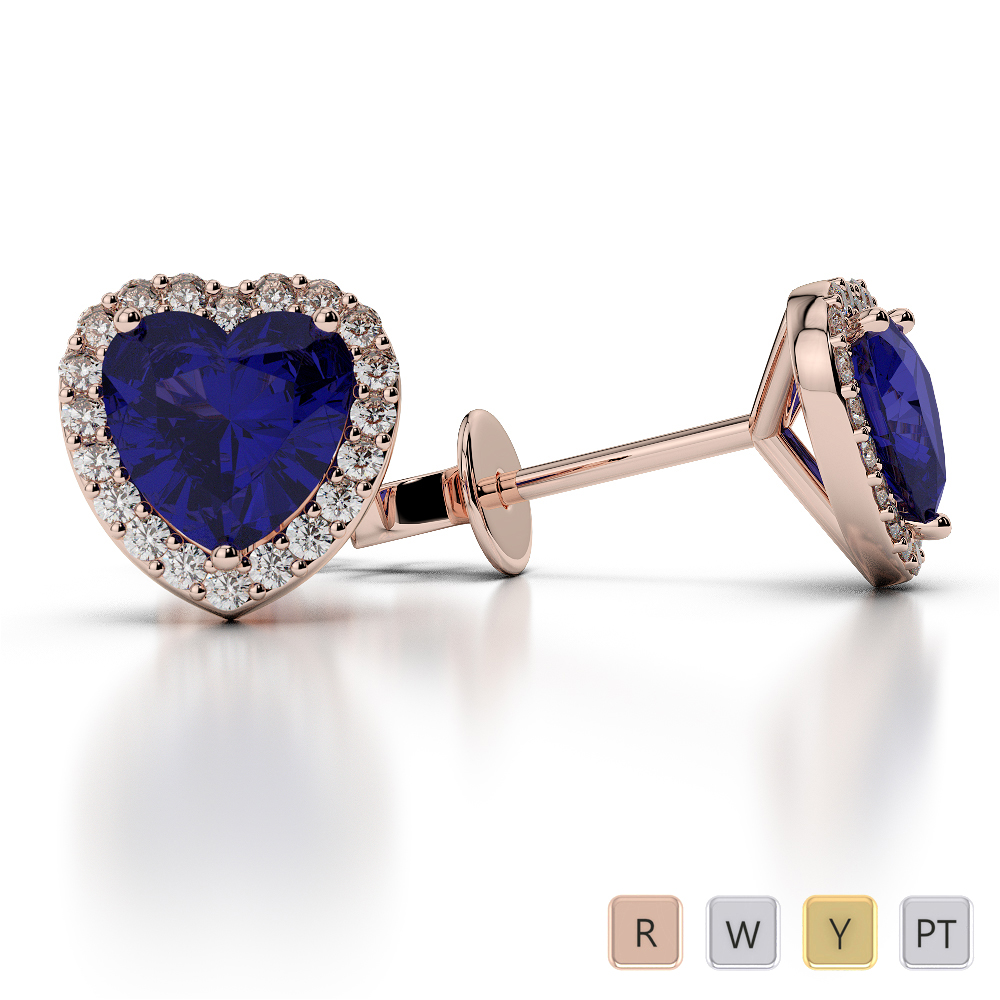 Heart Shape Blue Sapphire & Round Diamond Earrings in Gold / Platinum ATZER-0469