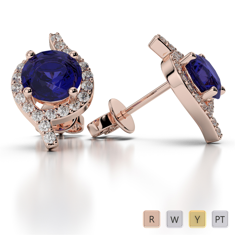 Prong Set Blue Sapphire Earrings With Diamond in Gold / Platinum ATZER-0481
