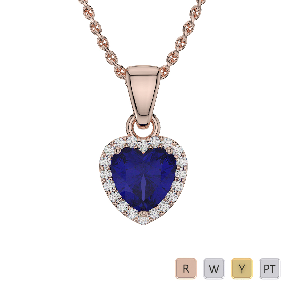 Heart Shape Blue Sapphire & Round Diamond Necklaces in Gold / Platinum ATZNK-0562