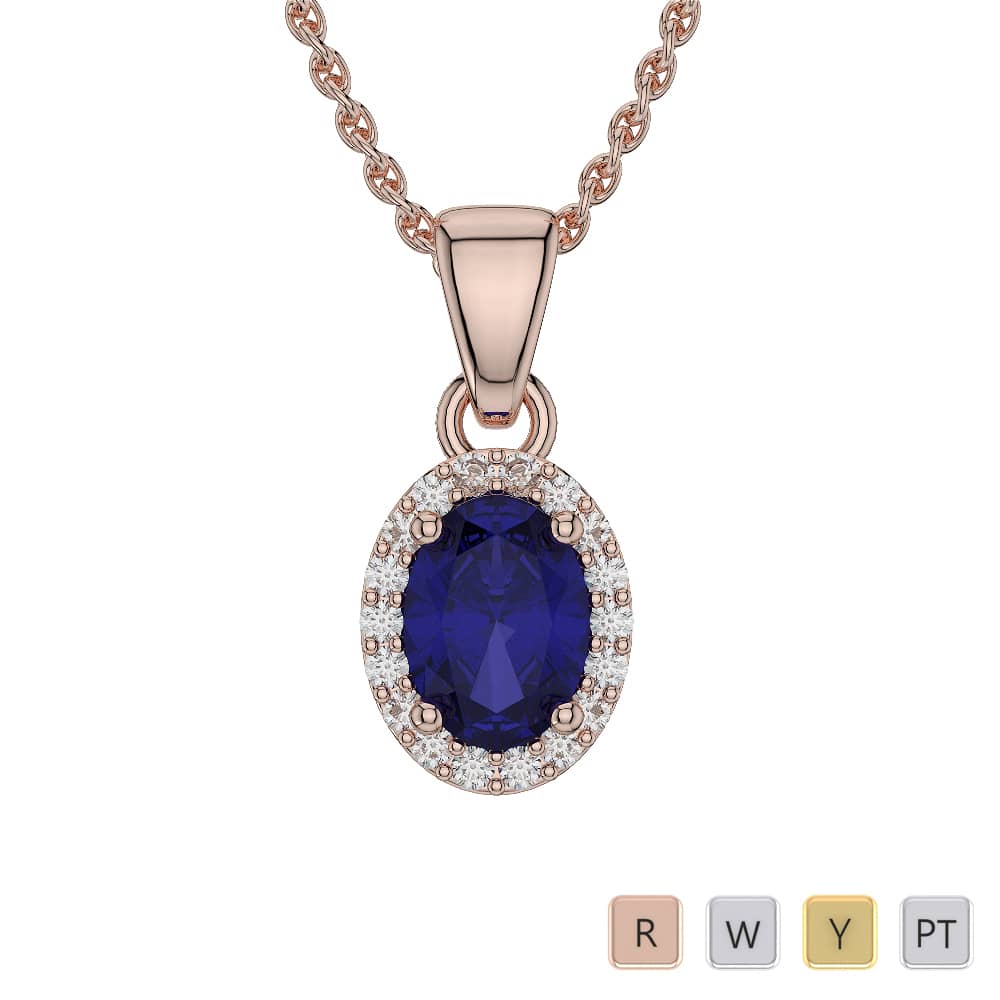 Oval Shape Blue Sapphire & Round Cut Diamond Necklaces in Gold / Platinum ATZNK-0570