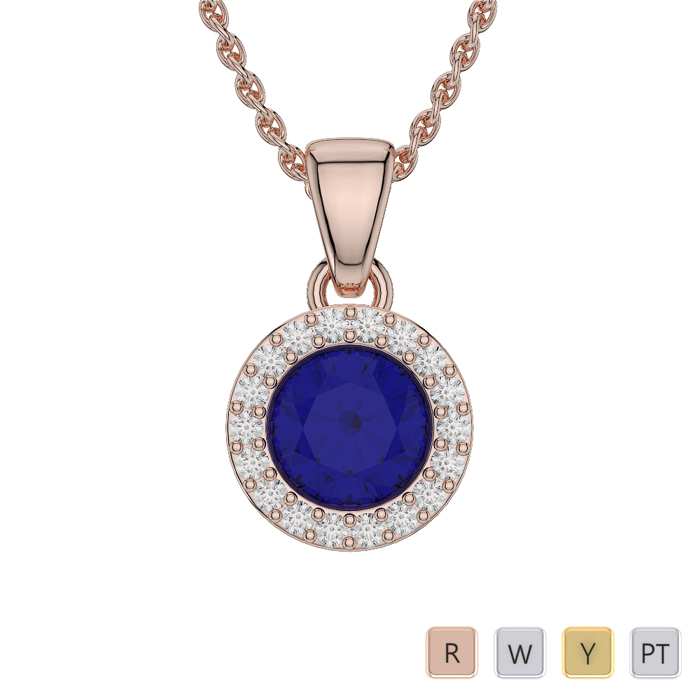 Round Shape Blue Sapphire and Diamond Necklaces in Gold / Platinum ATZNK-0573