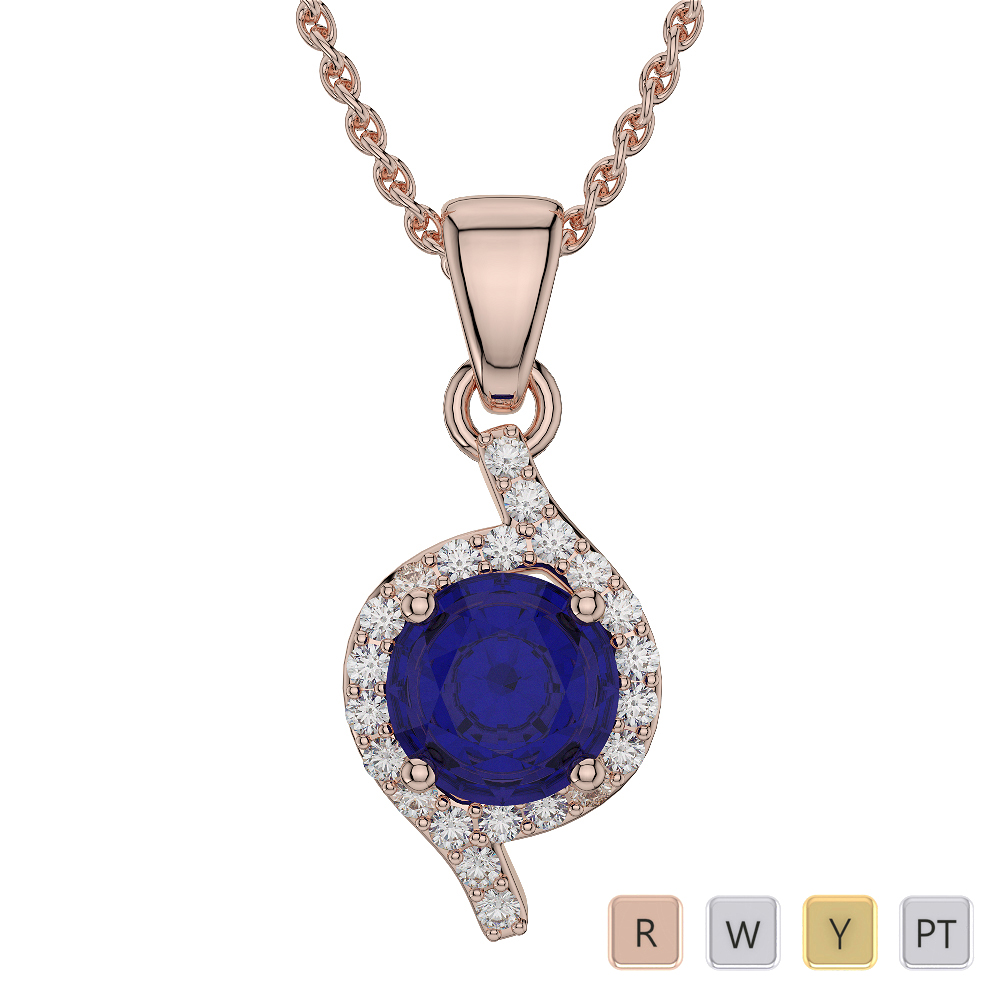 Prong Set Blue Sapphire Necklaces With Diamond in Gold / Platinum ATZNK-0574