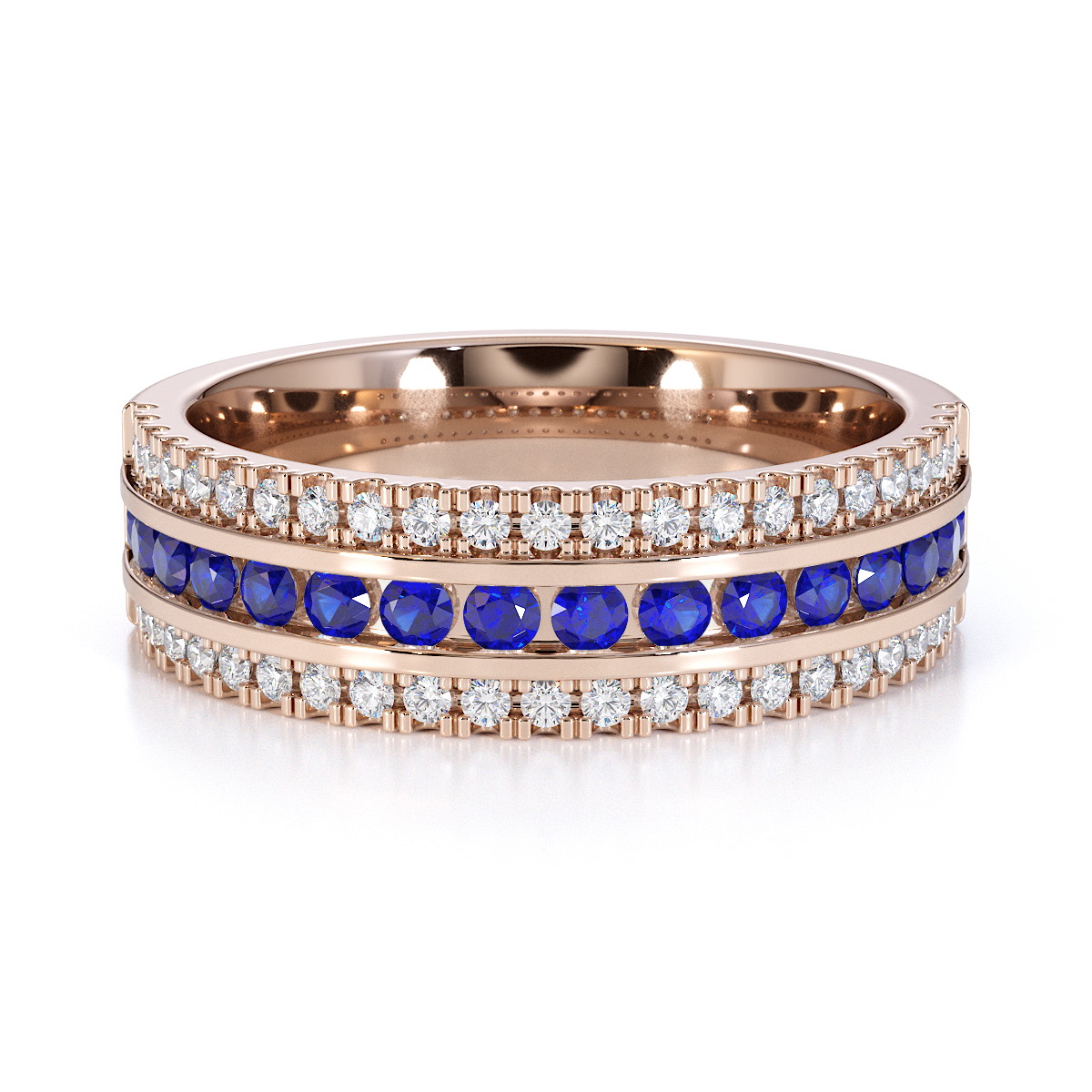Three Row Channel Set Blue Sapphire and Prong Set Diamond Half Eternity Ring in Gold / Platinum ATZR-0451