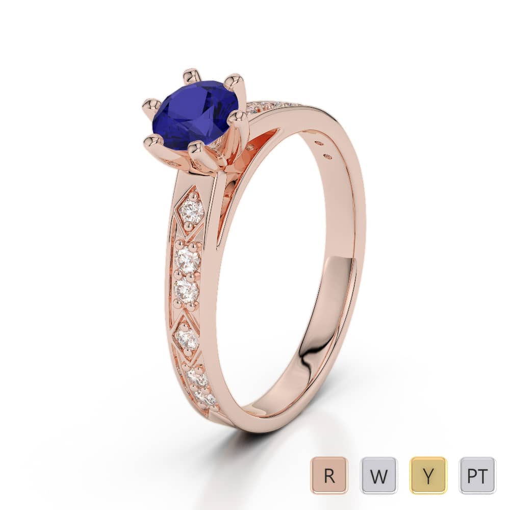 Round Cut Diamond Engagement Ring With Blue Sapphire in Gold / Platinum ATZR-0240