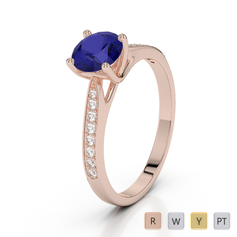 Round Cut Blue Sapphire Engagement Ring With Diamond in Gold / Platinum ATZR-0284