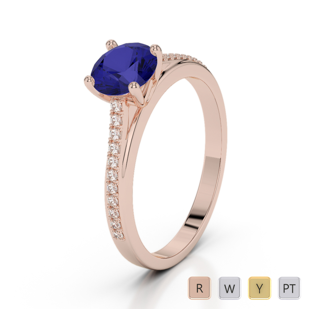 Round Cut Blue Sapphire Engagement Ring With Diamond in Gold / Platinum ATZR-0288