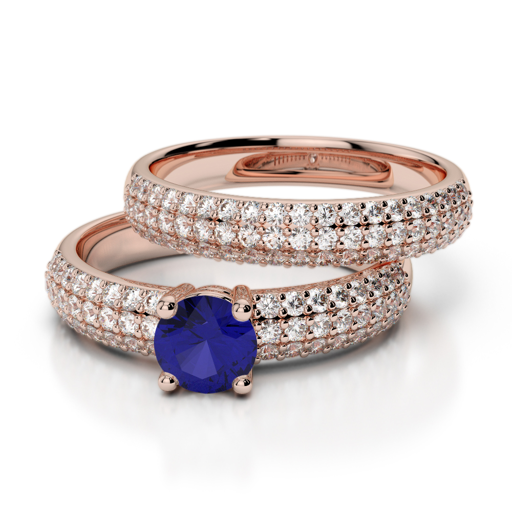 Triple Row Round Cut Blue Sapphire and Diamond Bridal Set Ring in Gold / Platinum ATZR-0307