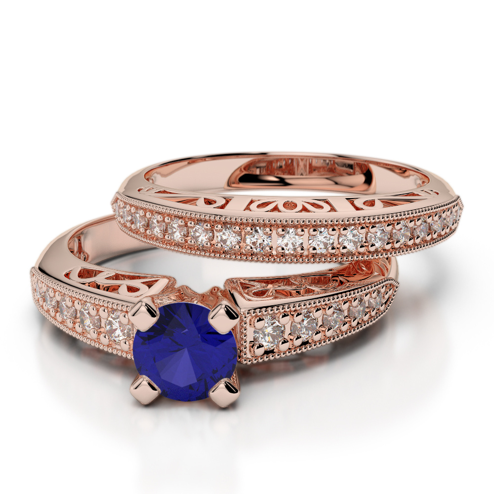 Milgrain Prong Set Diamond and Blue Sapphire Bridal Set Ring 0315