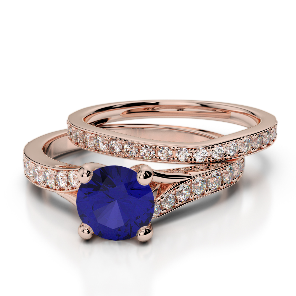 Round Cut Diamond & Blue Sapphire Bridal Set Ring in Gold / Platinum ATZR-0329