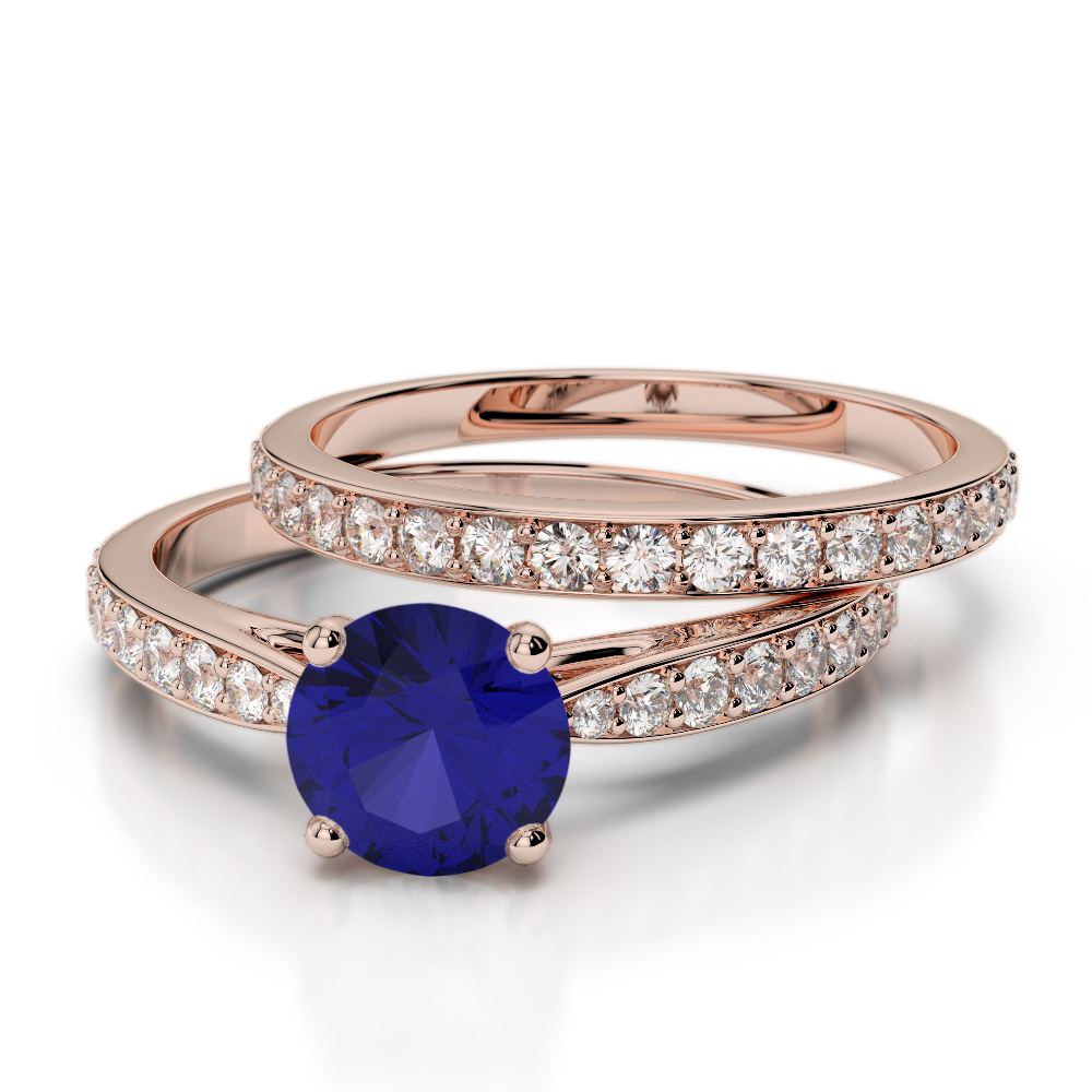 Claw Set Blue Sapphire Bridal Set Ring With Diamond 0339