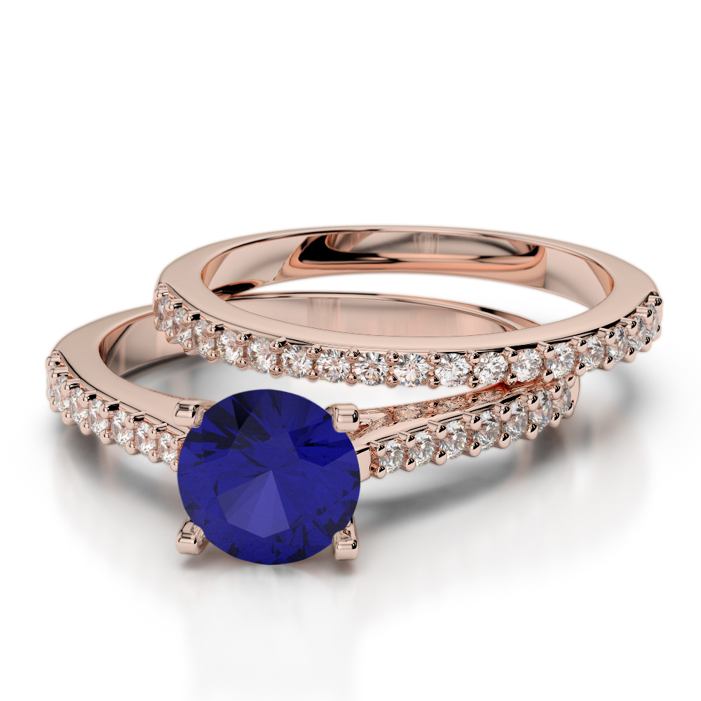 Round Cut Diamond Bridal Set Ring With Blue Sapphire in Gold / Platinum ATZR-0343