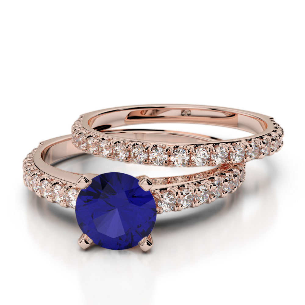 Scallop Set Blue Sapphire & Diamond Bridal Set Ring in Gold / Platinum ATZR-0352