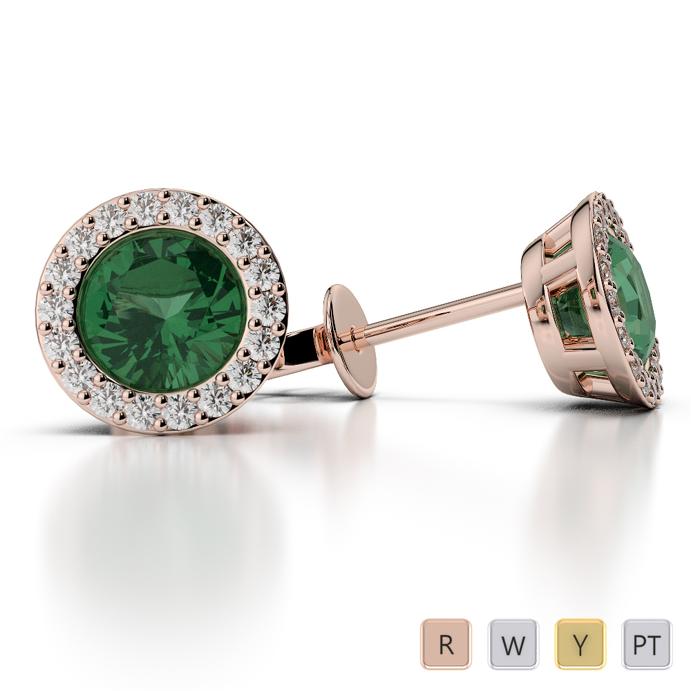 Round Shape Emerald and Diamond Earrings in Gold / Platinum ATZER-0480