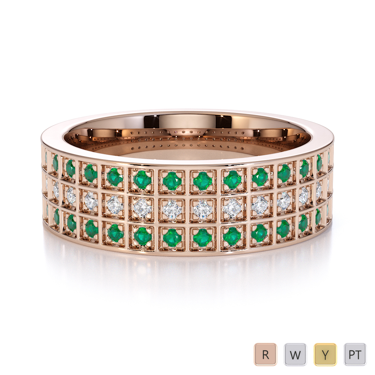 Three Row Claw Set Emerald Half Eternity Ring With Diamond in Gold / Platinum ATZR-0437