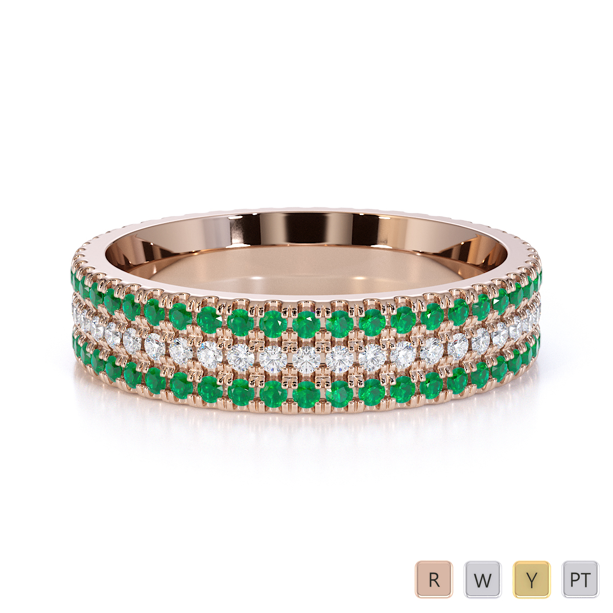 Three Row Round Cut Emerald and Diamond Full Eternity Ring in Gold / Platinum ATZR-0442