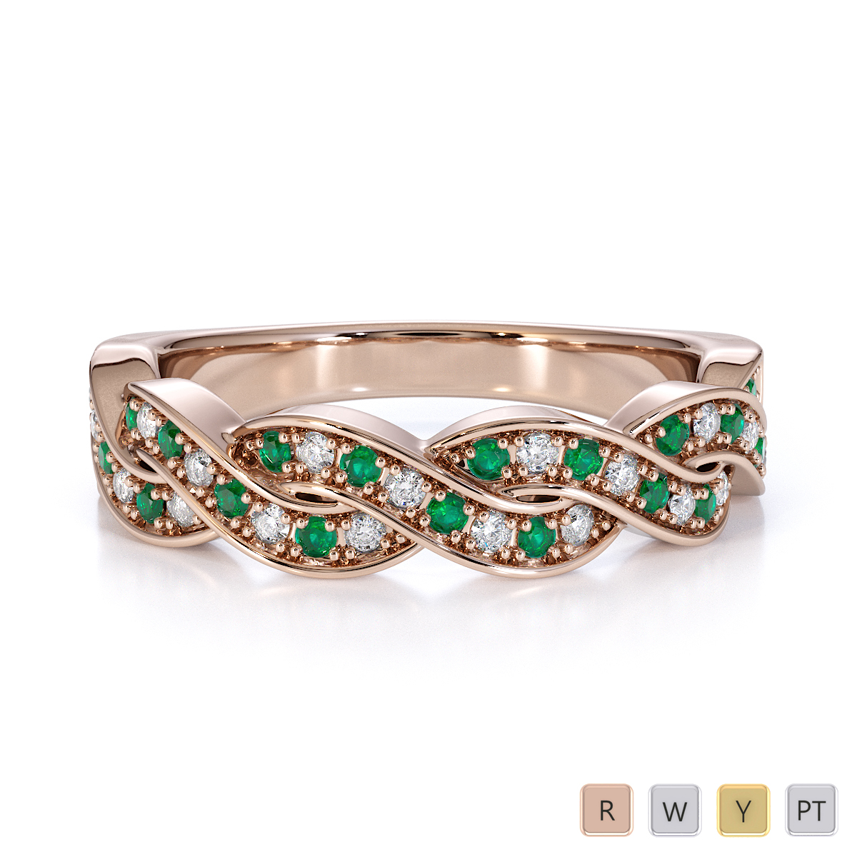 Round Cut Emerald Half Eternity Ring With Diamond in Gold / Platinum ATZR-0445