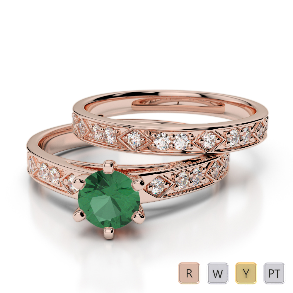 Round Cut Emerald Bridal Set With Diamond Ring in Gold / Platinum ATZR-0306