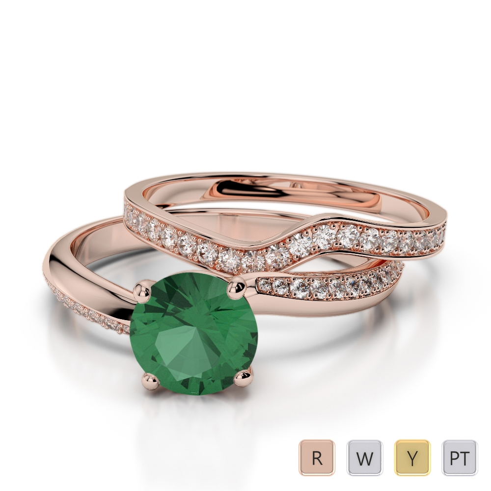 Four Prong Set Emerald & Diamond Bridal Set Ring in Gold / Platinum ATZR-0332
