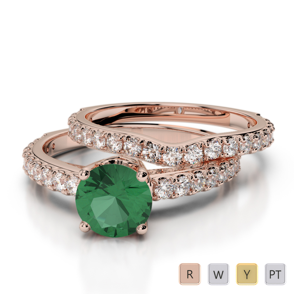 Scallop Set Emerald Bridal Set Ring With Diamond in Gold / Platinum ATZR-0351