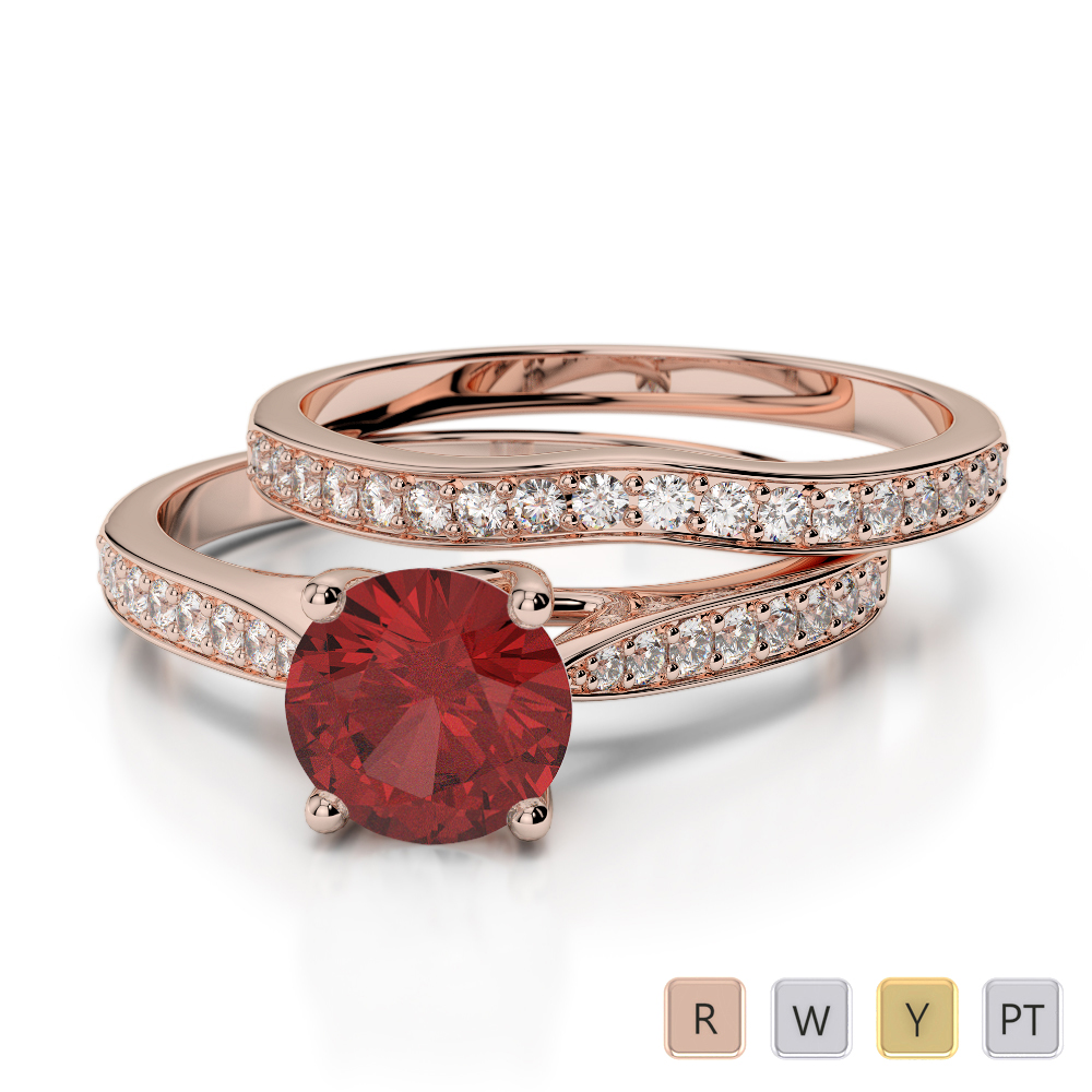 Round Cut Bridal Set Ring With Garnet and Diamond in Gold / Platinum ATZR-0350