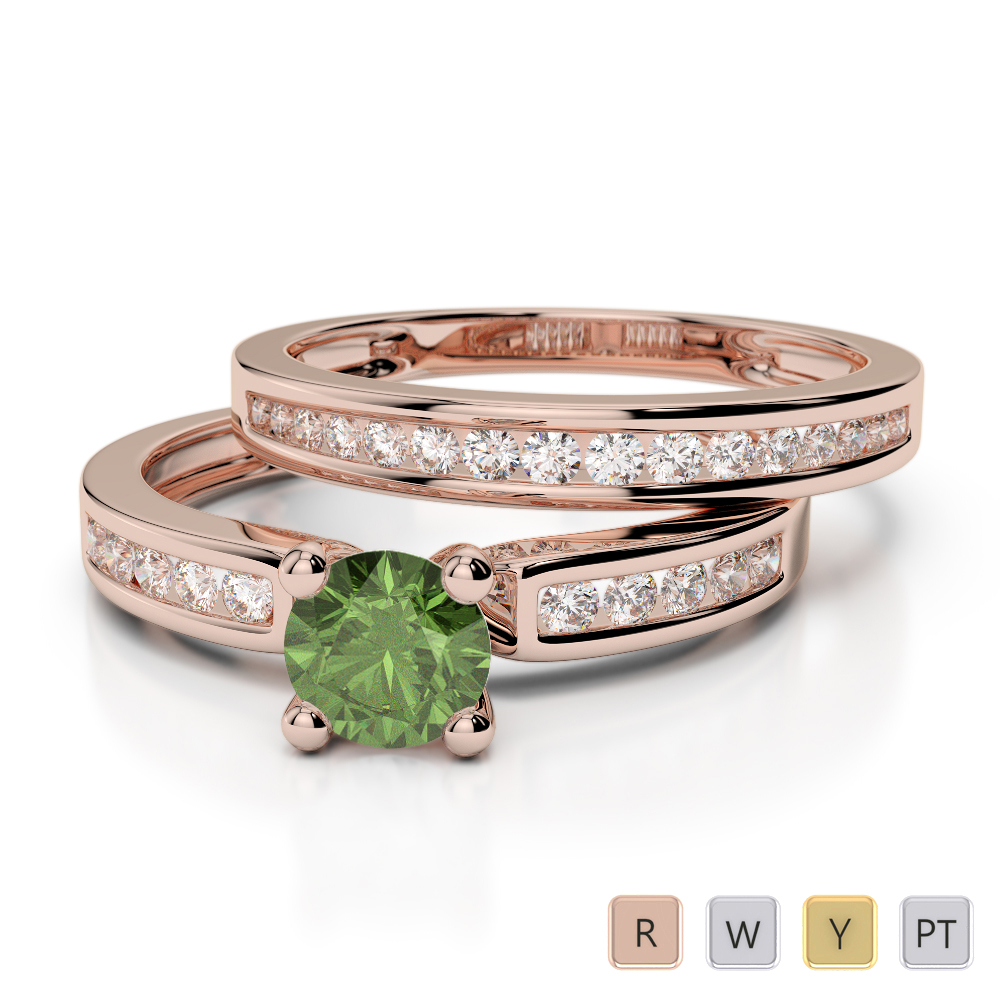 Channel Diamond & Prong Set Green Tourmaline Bridal Set Ring in Gold / Platinum ATZR-0312