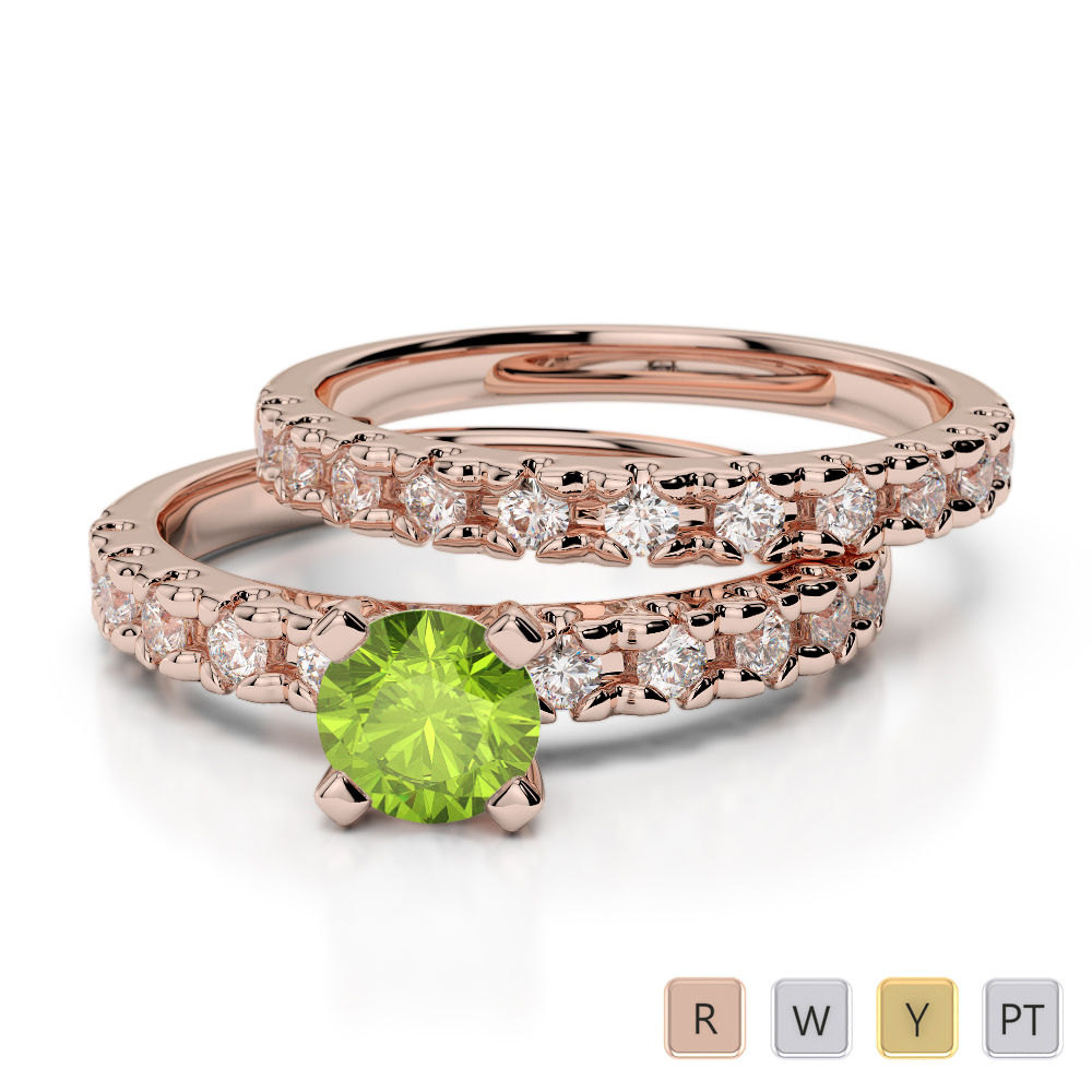 Round Cut Bridal Set Ring With Diamond and Peridot in Gold / Platinum ATZR-0299