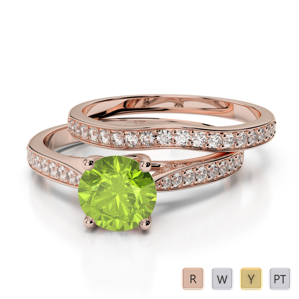 Round Cut Bridal Set Ring With Peridot and Diamond in Gold / Platinum ATZR-0350