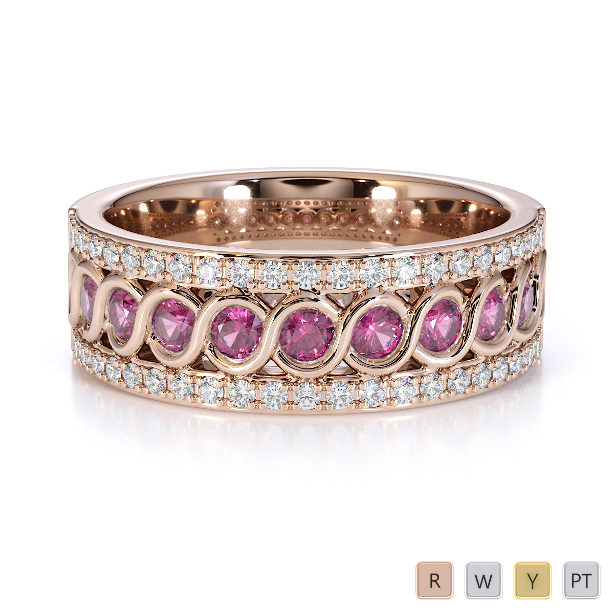 Bezel Set Pink Sapphire and Prong Set Diamond Half Eternity Ring in Gold / Platinum ATZR-0449