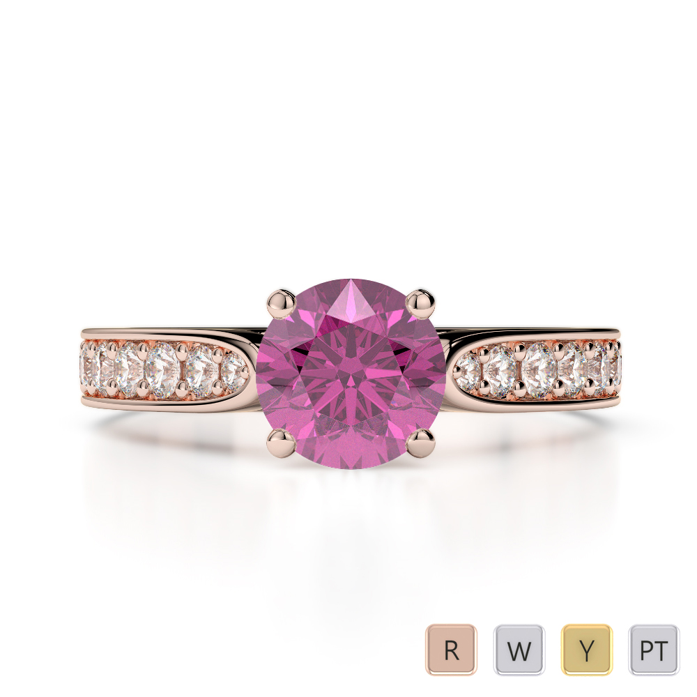 Round Cut Pink Sapphire & Diamond Engagement Ring in Gold / Platinum ATZR-0219