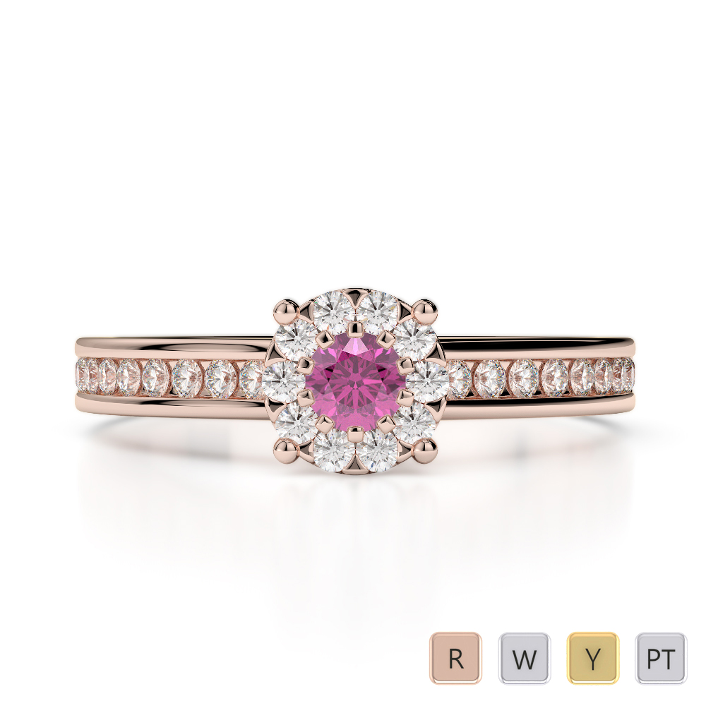 Round Cut Diamond and Pink Sapphire Engagement Ring in Gold / Platinum ATZR-0252