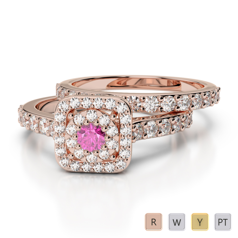 Round Cut Pink Sapphire and Diamond Bridal Set Ring in Gold / Platinum ATZR-0322