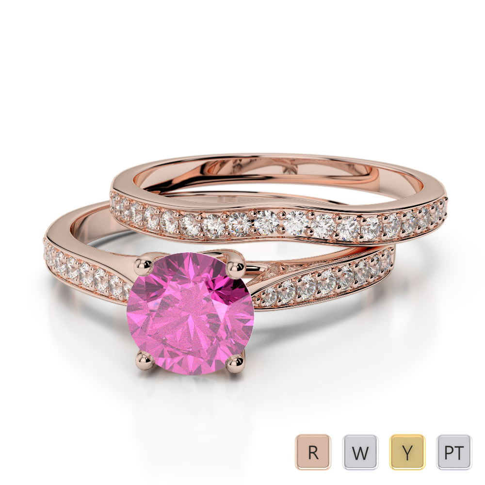 Round Cut Bridal Set Ring With Pink Sapphire and Diamond in Gold / Platinum ATZR-0350