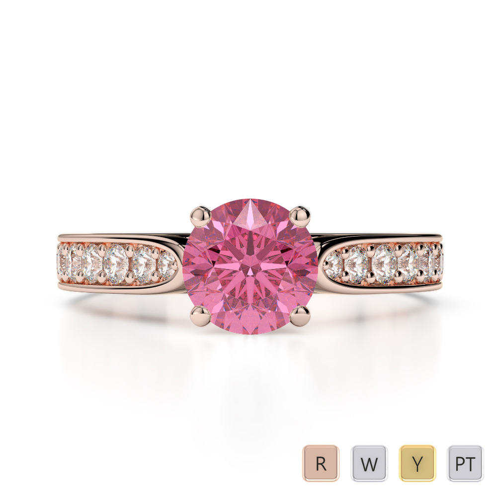 Round Cut Pink Tourmaline & Diamond Engagement Ring in Gold / Platinum ATZR-0219