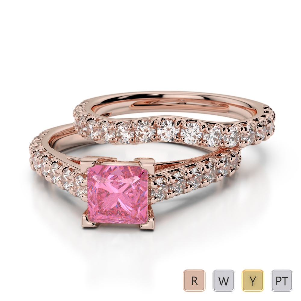 Princess Cut Pink Tourmaline & Round Diamond Bridal Set Ring in Gold / Platinum ATZR-0327
