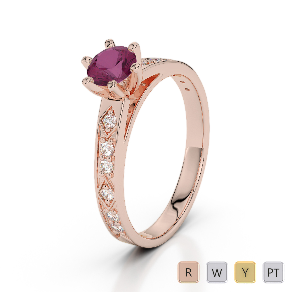 Round Cut Diamond Engagement Ring With Ruby in Gold / Platinum ATZR-0240