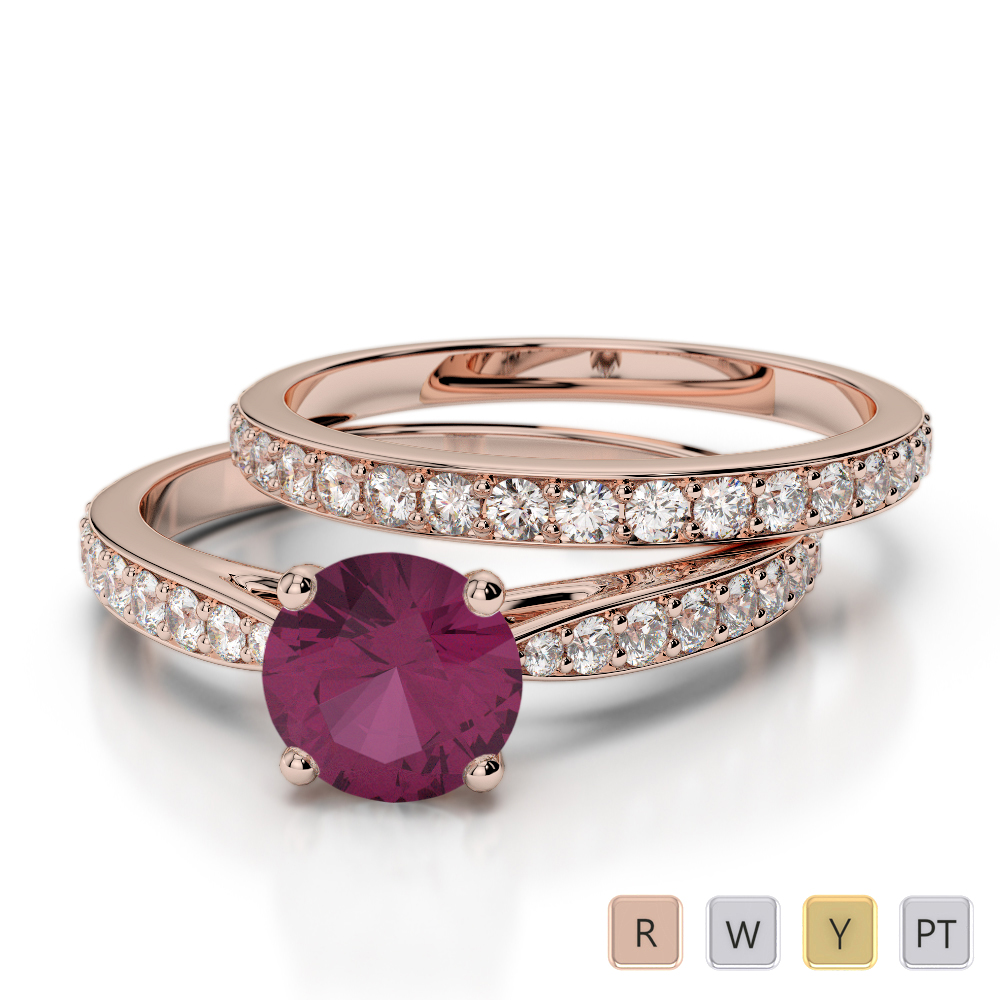 Claw Set Ruby Bridal Set Ring With Diamond in Gold / Platinum ATZR-0339