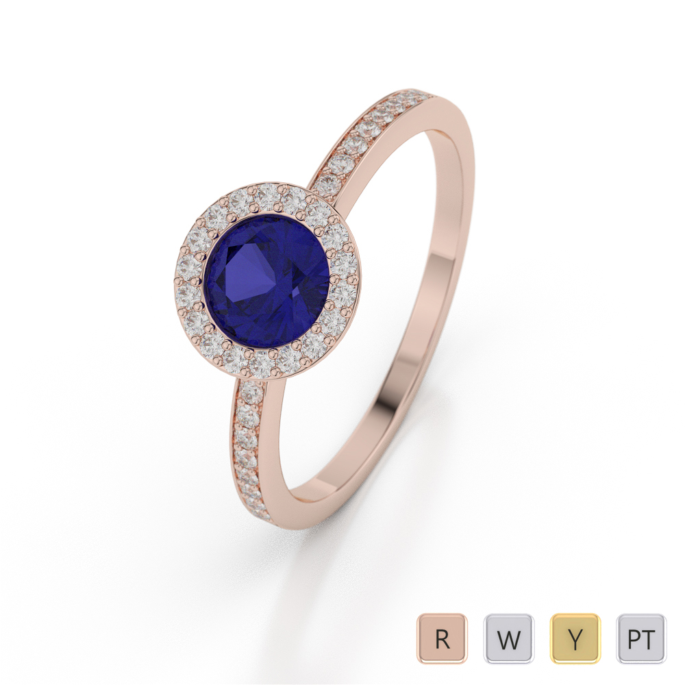 Round Shape Blue Sapphire and Diamond Engagement Ring 0053