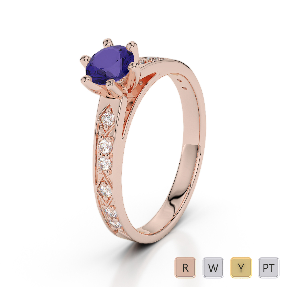 Round Cut Diamond Engagement Ring With Tanzanite in Gold / Platinum ATZR-0240