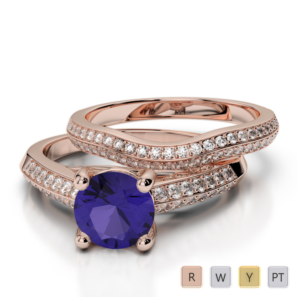 Double Row Round Cut Bridal Set Ring With Tanzanite and Diamond in Gold / Platinum ATZR-0345