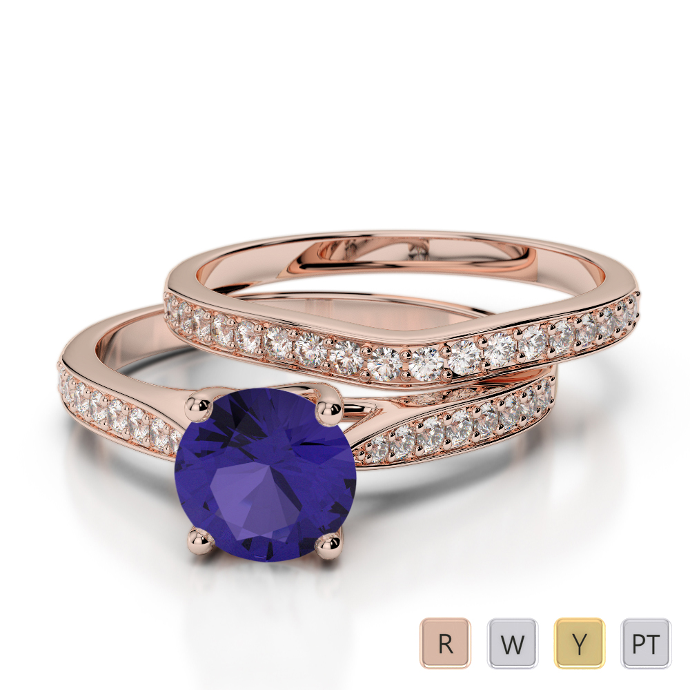 Round Cut Bridal Set Ring With Tanzanite and Diamond in Gold / Platinum ATZR-0350