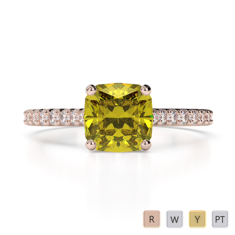 Cushion Cut Yellow Sapphire and Round Diamond Engagement Ring in Gold / Platinum ATZR-0214