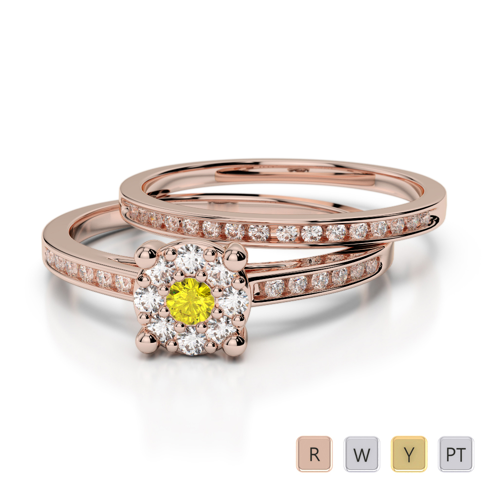 Channel Set Diamond & Prong Set Yellow Sapphire Bridal Set Ring in Gold / Platinum ATZR-0291