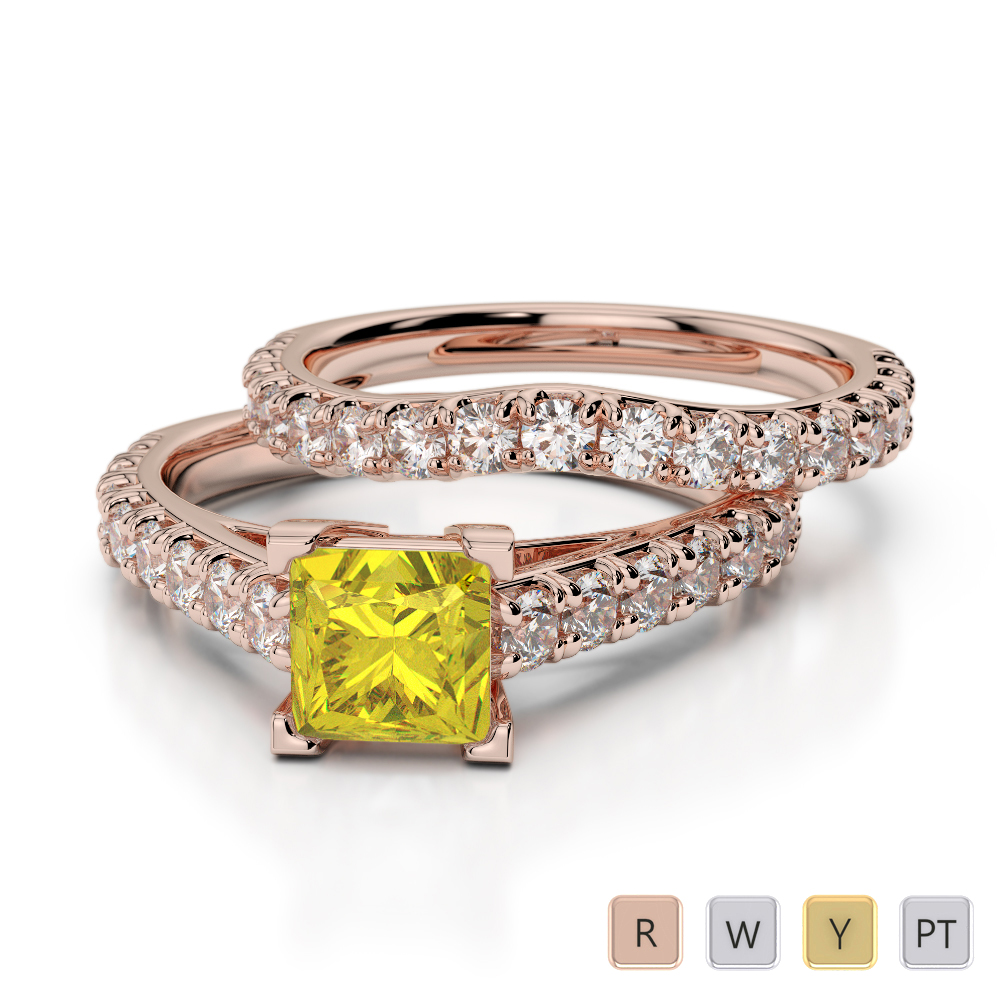 Princess Cut Yellow Sapphire & Round Diamond Bridal Set Ring in Gold / Platinum ATZR-0327