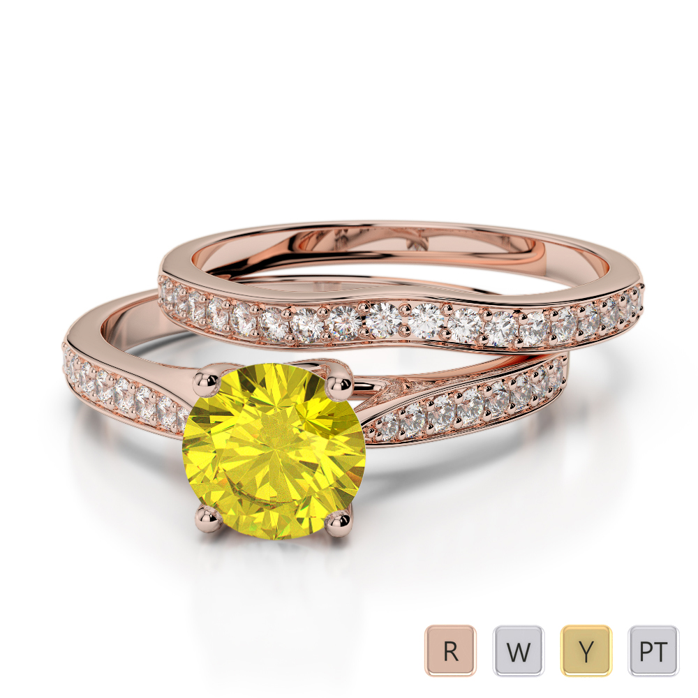 Round Cut Bridal Set Ring With Yellow Sapphire and Diamond in Gold / Platinum ATZR-0350