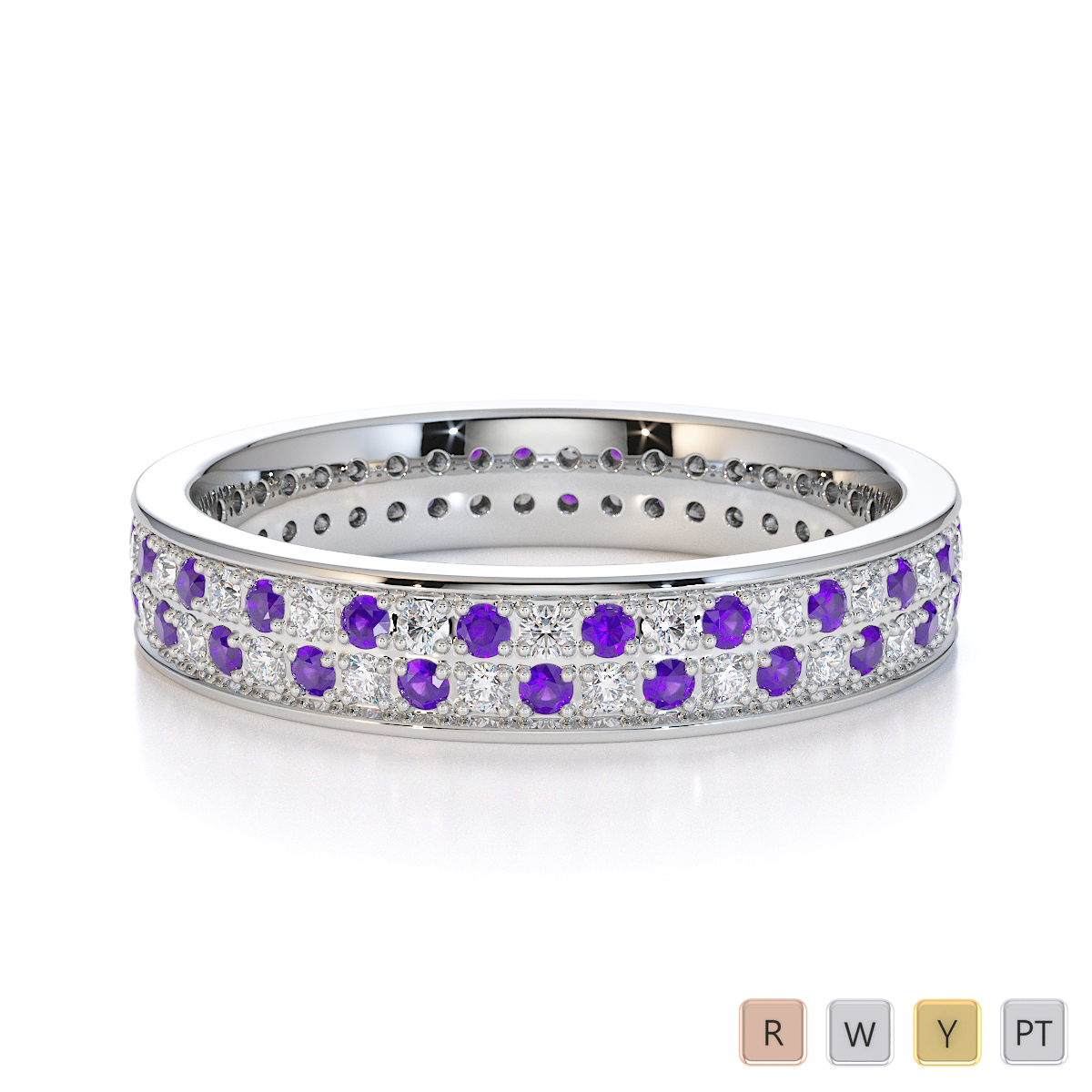 Prong Set Amethyst and Diamond Full Eternity Ring in Gold / Platinum ATZR-0430